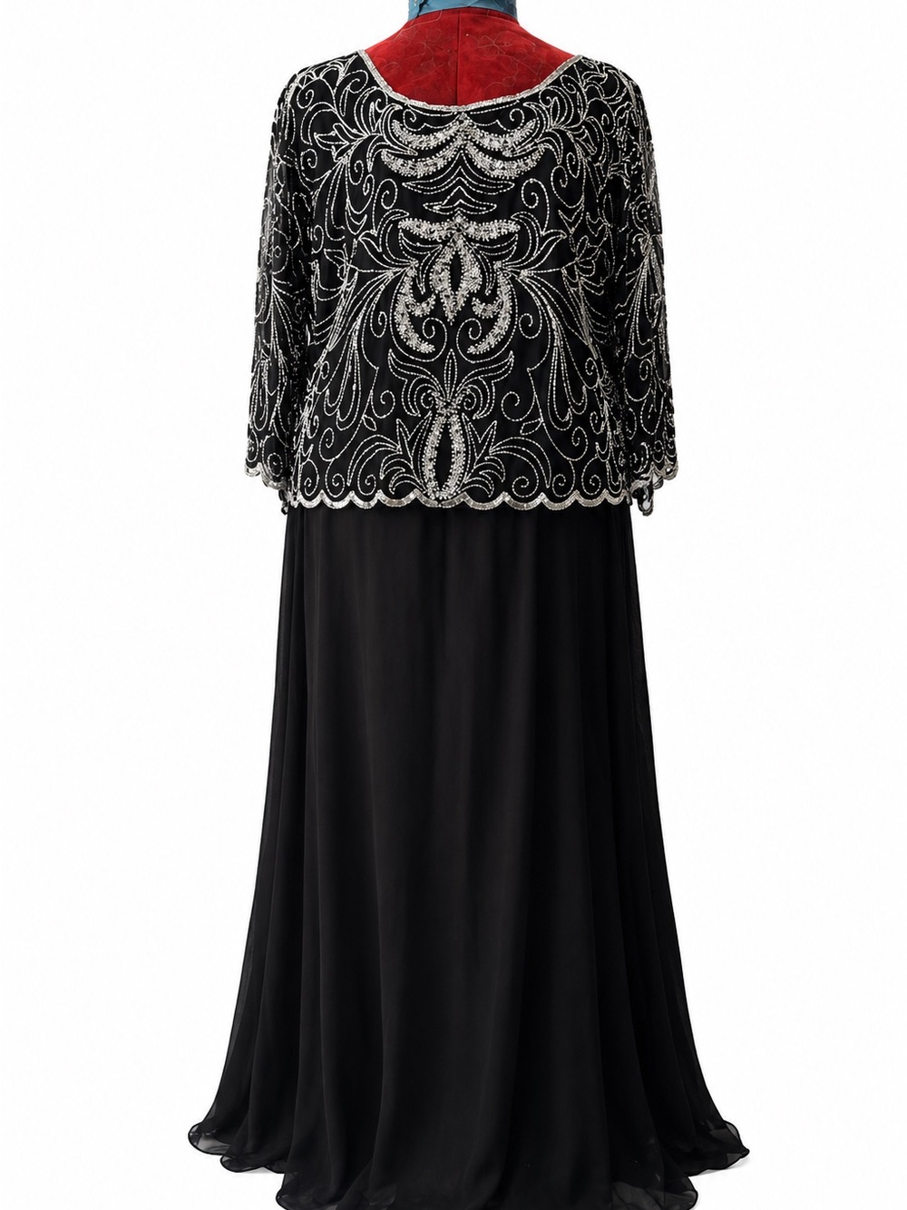 J Kara Black Evening Gown with Silver Beaded Overlay